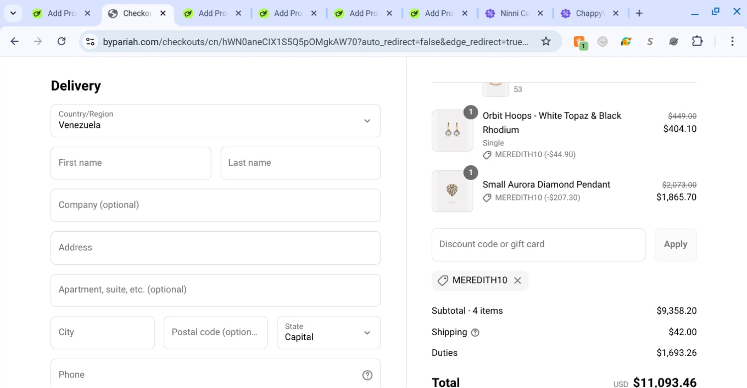 By Pariah promo code screenshot showing code meredith10 applied at By Pariah checkout page. Uploaded by SimplyCodes community member KarinaHZ on Jul 24, 2025