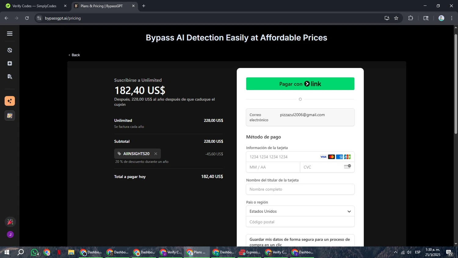 BypassGPT promo code screenshot showing code AIInsights20 applied at BypassGPT checkout page. Uploaded by SimplyCodes community member ShrewdSeeker6165 on May 25, 2025