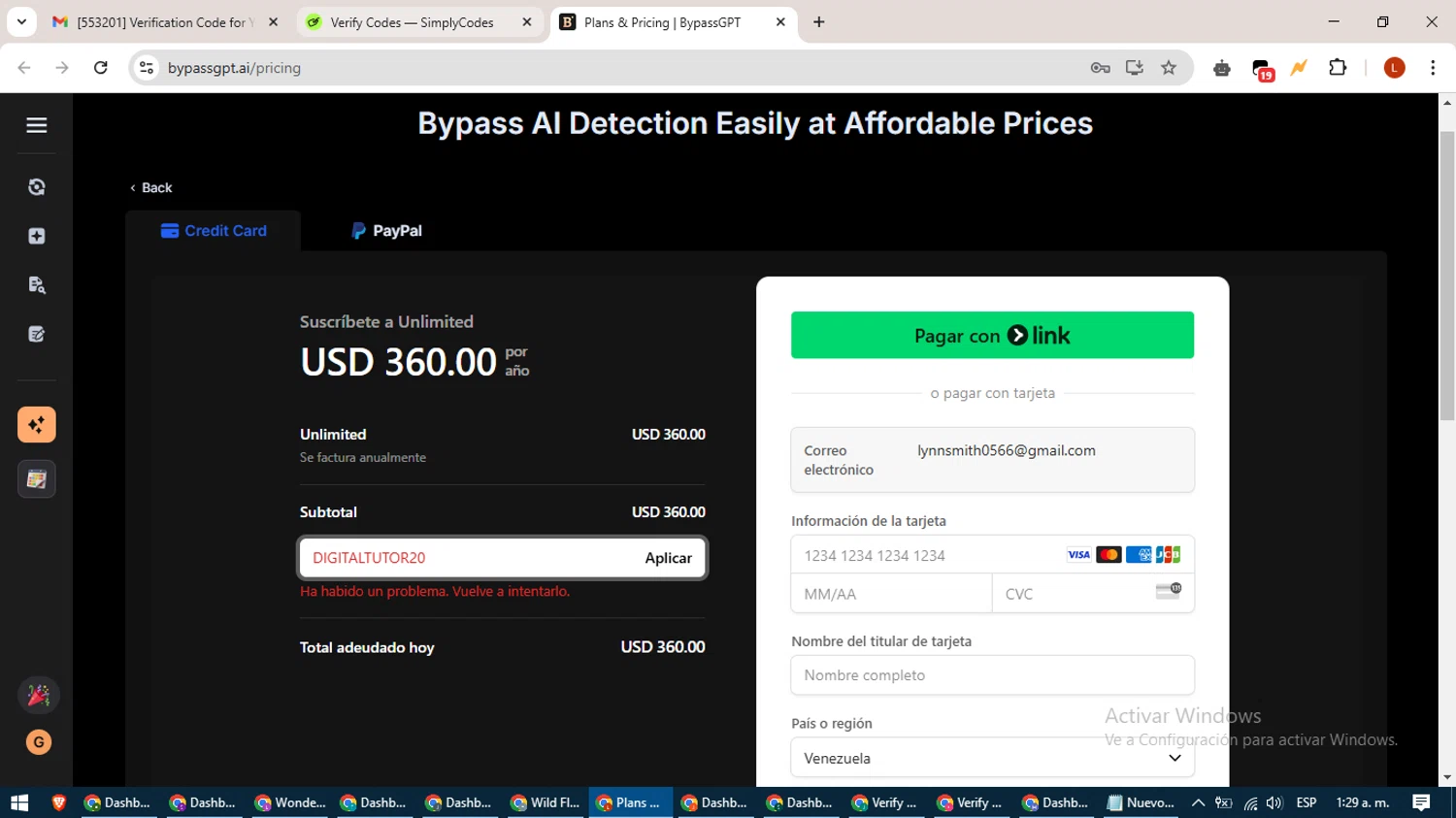 BypassGPT promo code screenshot showing code DigitalTUTOR20 applied at BypassGPT checkout page. Uploaded by SimplyCodes community member BonusHero9692 on Feb 15, 2025