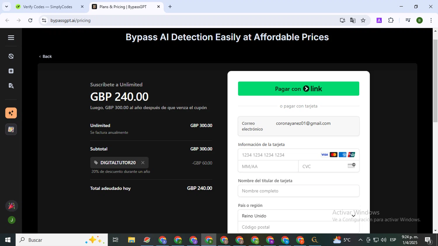 BypassGPT promo code screenshot showing code DigitalTUTOR20 applied at BypassGPT checkout page. Uploaded by SimplyCodes community member SaleVirtuoso5993 on Apr 2, 2025