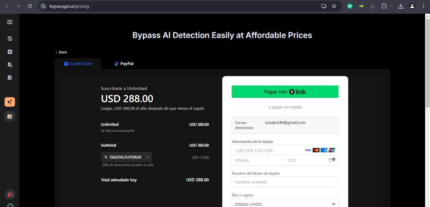 BypassGPT promo code screenshot showing code DigitalTUTOR20 applied at BypassGPT checkout page. Uploaded by SimplyCodes community member xaswqe on Feb 15, 2025