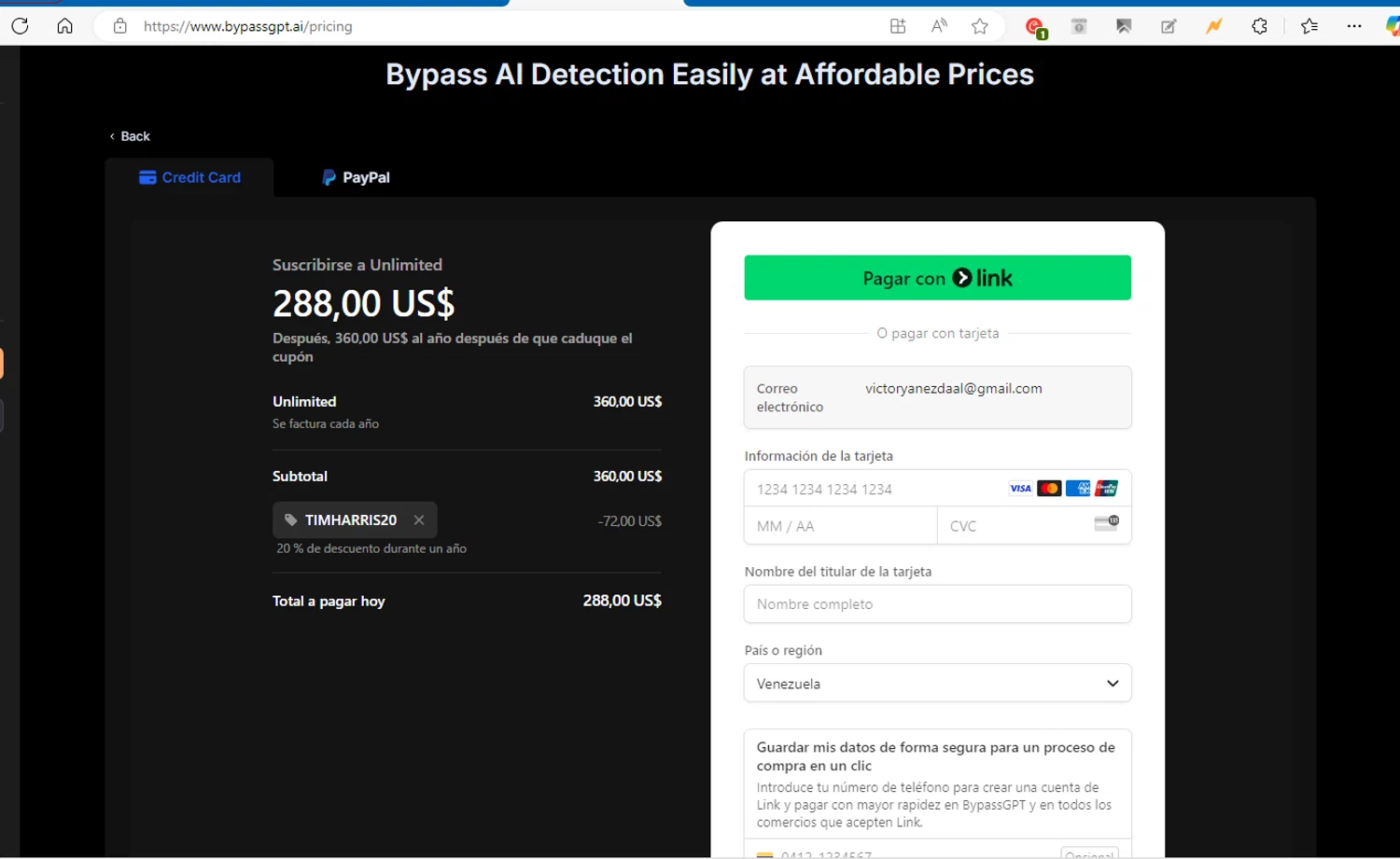 BypassGPT promo code screenshot showing code TimHarris20 applied at BypassGPT checkout page. Uploaded by SimplyCodes community member VictorYanez on Jan 5, 2025