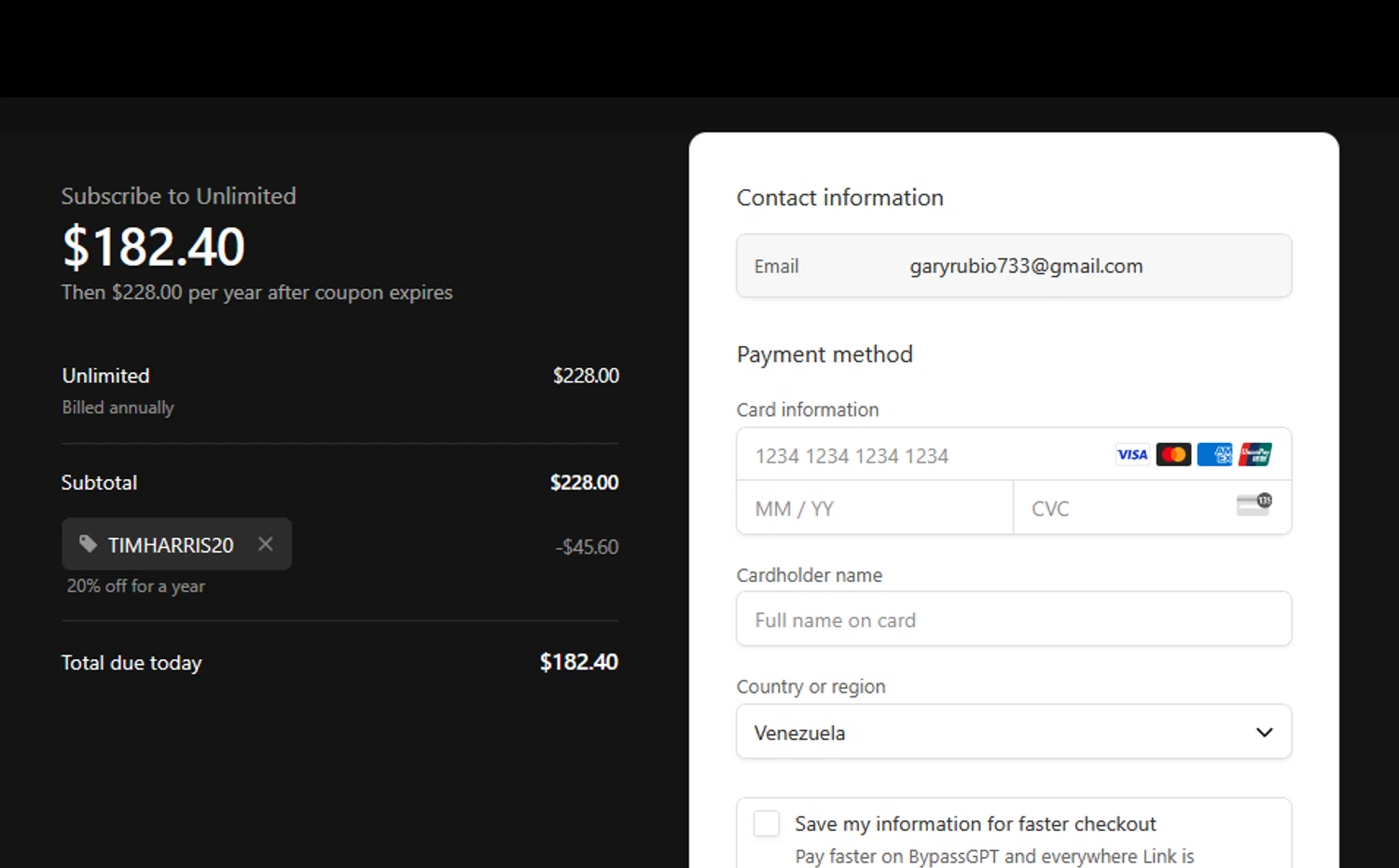 BypassGPT promo code screenshot showing code TimHarris20 applied at BypassGPT checkout page. Uploaded by SimplyCodes community member goldhooh on Jul 24, 2025