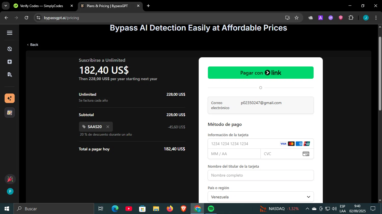BypassGPT checkout page showing BypassGPT promo code box | Screenshot taken by SimplyCodes community member on Sep 2, 2025