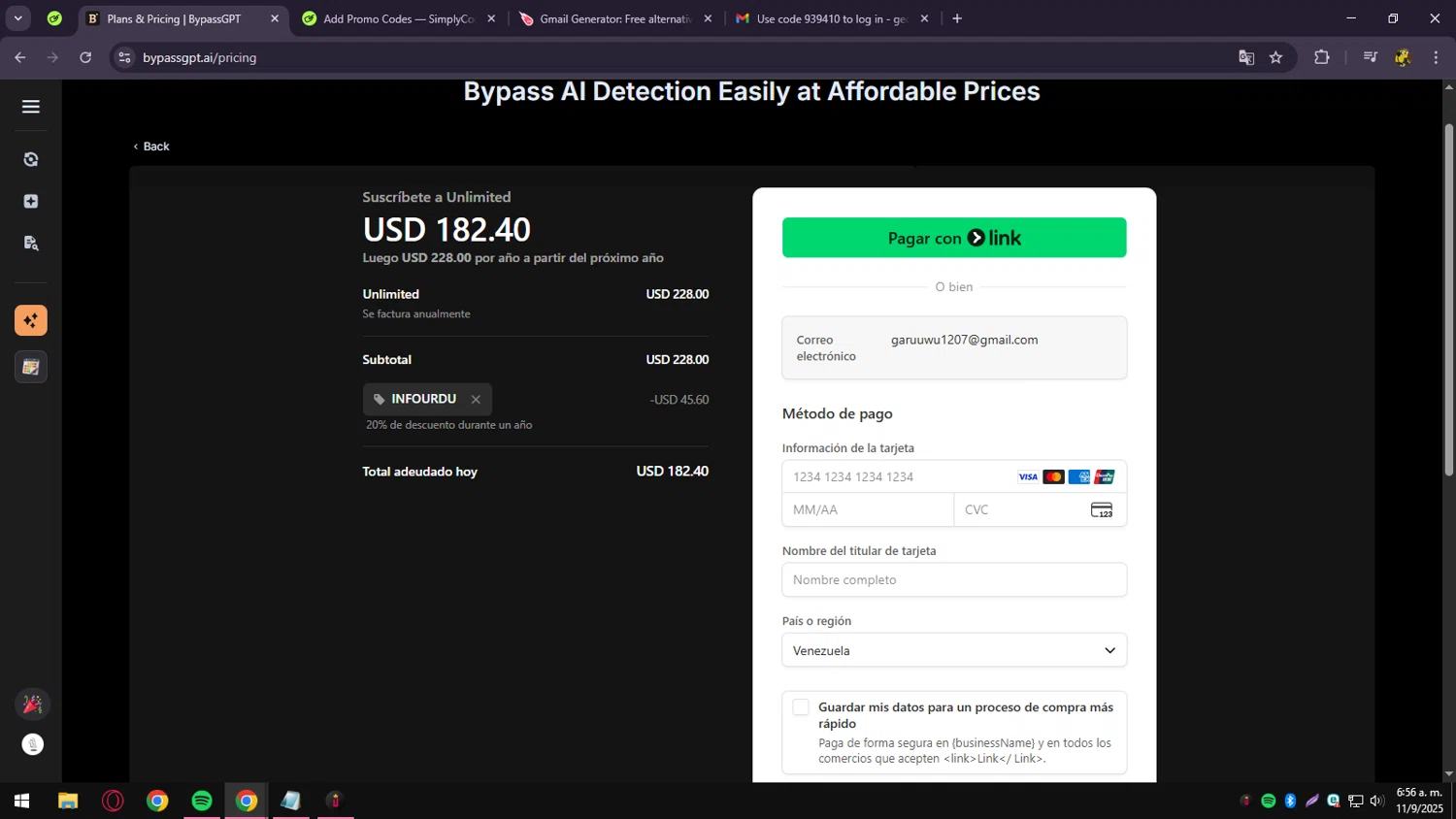 BypassGPT promo code screenshot showing code INFOURDU applied at BypassGPT checkout page. Uploaded by SimplyCodes community member CrownCollector9208 on Sep 11, 2025