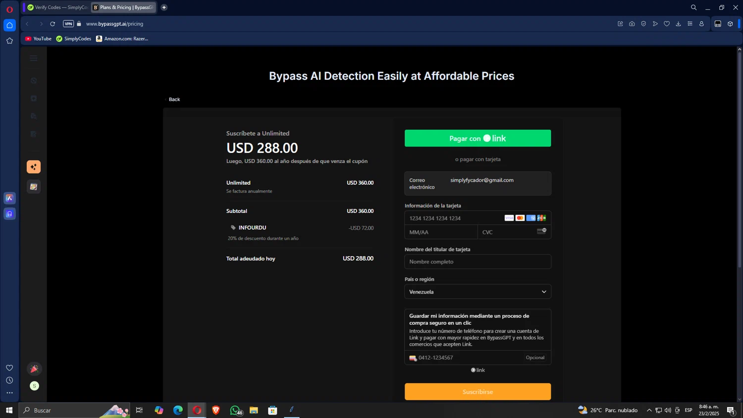BypassGPT promo code screenshot showing code INFOURDU applied at BypassGPT checkout page. Uploaded by SimplyCodes community member Gojira on Feb 23, 2025