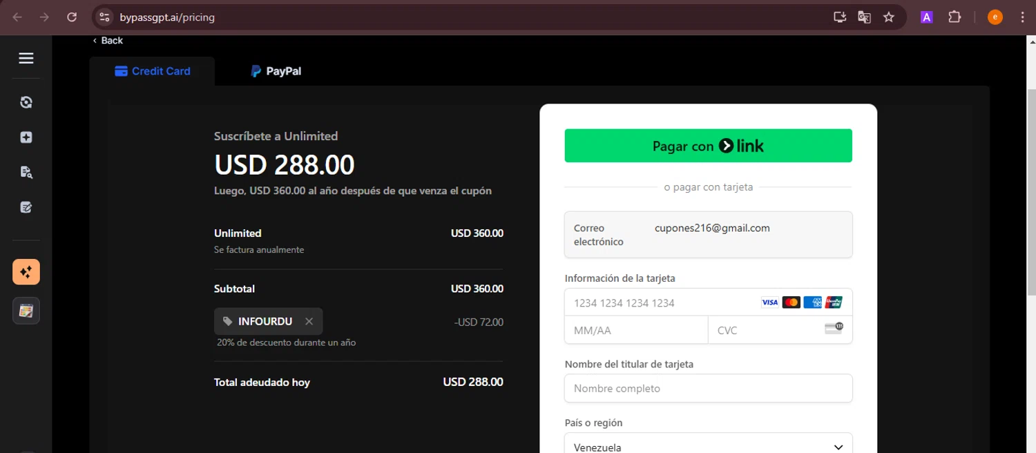 BypassGPT promo code screenshot showing code INFOURDU applied at BypassGPT checkout page. Uploaded by SimplyCodes community member NobleElite1598 on Feb 4, 2025