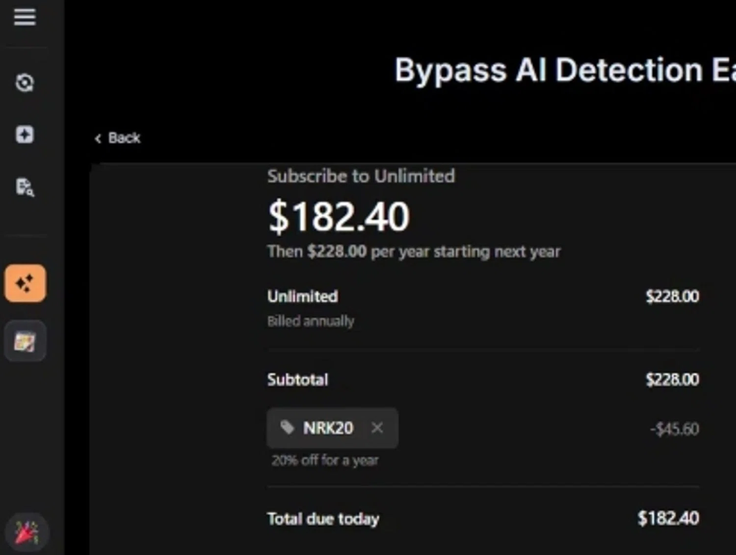 BypassGPT promo code screenshot showing code NRK20 applied at BypassGPT checkout page. Uploaded by SimplyCodes community member BudgetPro6018 on Nov 28, 2025
