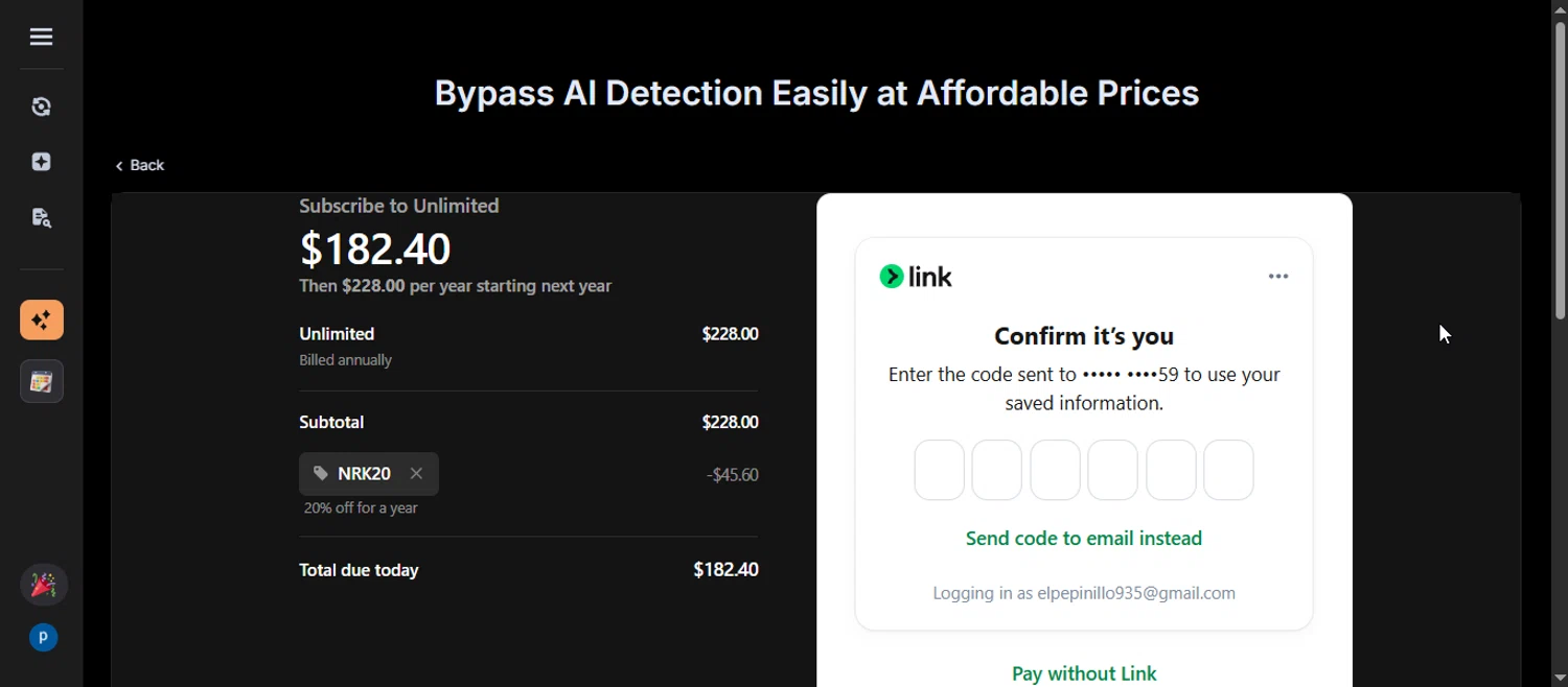 BypassGPT promo code screenshot showing code NRK20 applied at BypassGPT checkout page. Uploaded by SimplyCodes community member varusitochambeador3 on Oct 30, 2025