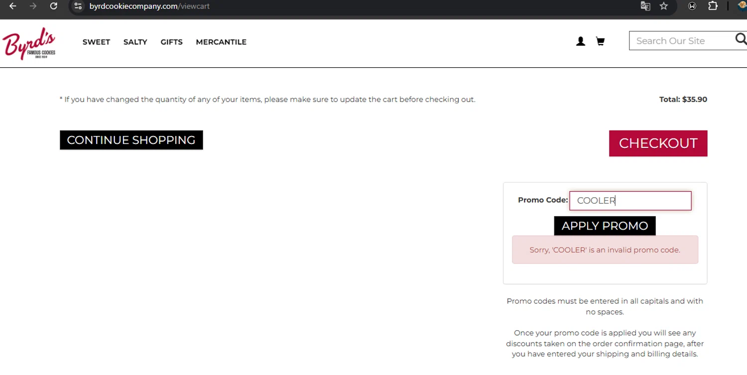 Byrd Cookie Company promo code screenshot showing code COOLER applied at Byrd Cookie Company checkout page. Uploaded by SimplyCodes community member RoyalSpotter5217 on Jan 2, 2025
