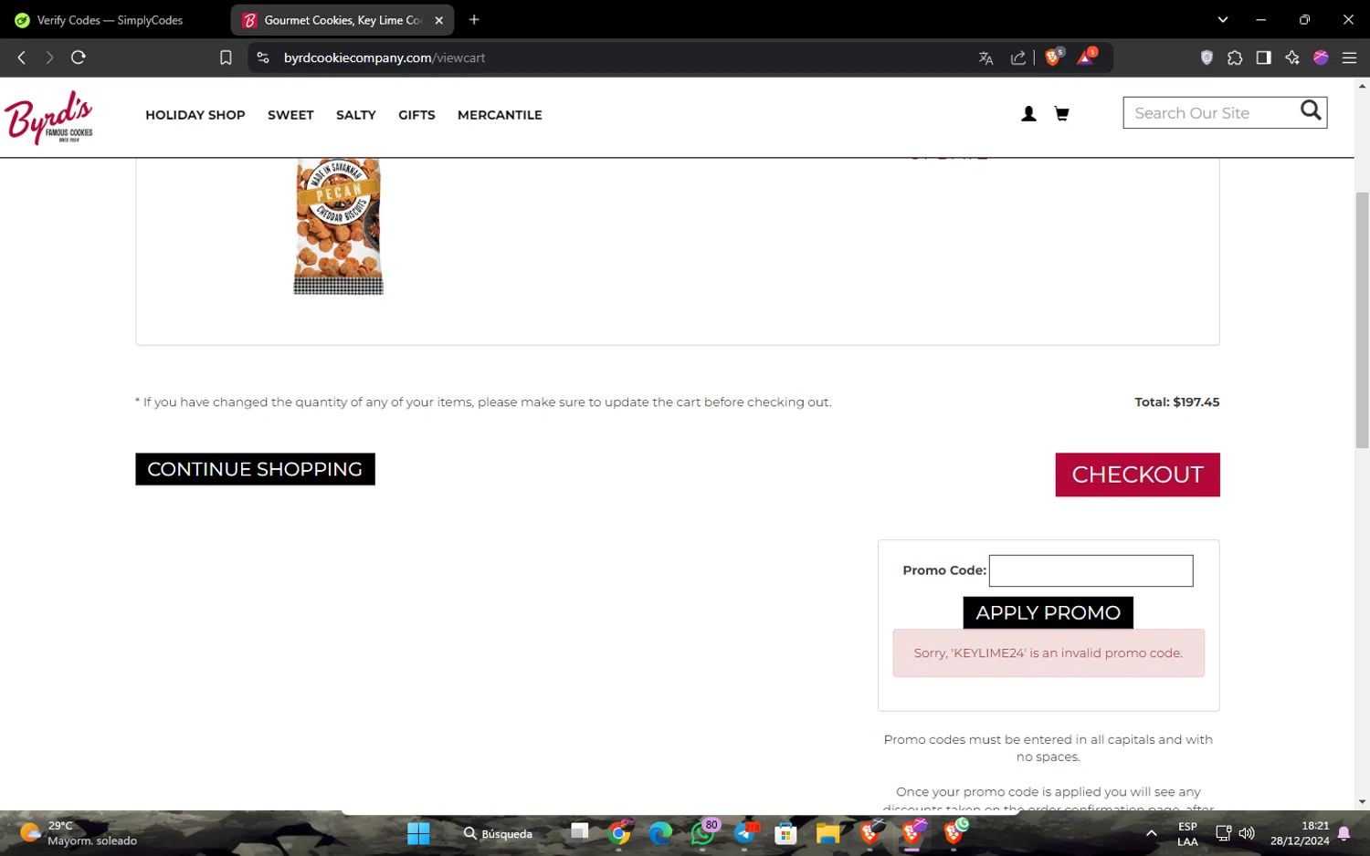 Byrd Cookie Company promo code screenshot showing code KEYLIME24 applied at Byrd Cookie Company checkout page. Uploaded by SimplyCodes community member JavinhoSantos on Dec 28, 2024