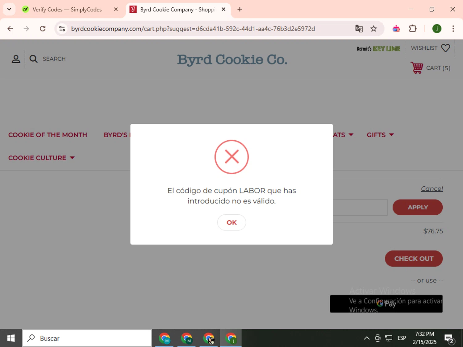 Byrd Cookie Company promo code screenshot showing code LABOR applied at Byrd Cookie Company checkout page. Uploaded by SimplyCodes community member SavingsCollector2592 on Feb 15, 2025