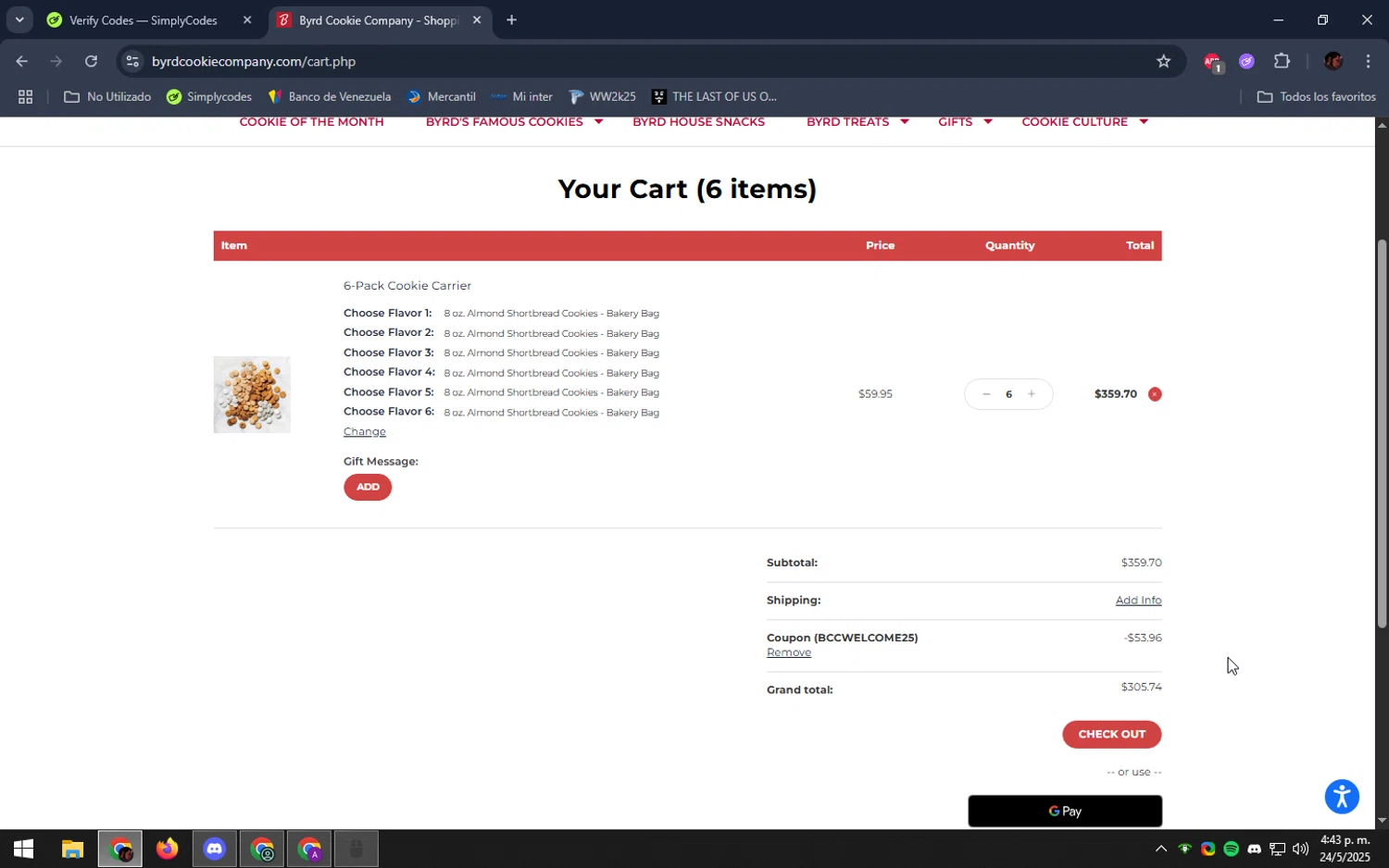 Byrd Cookie Company promo code screenshot showing code Bccwelcome25 applied at Byrd Cookie Company checkout page. Uploaded by SimplyCodes community member DealEagle493 on May 24, 2025