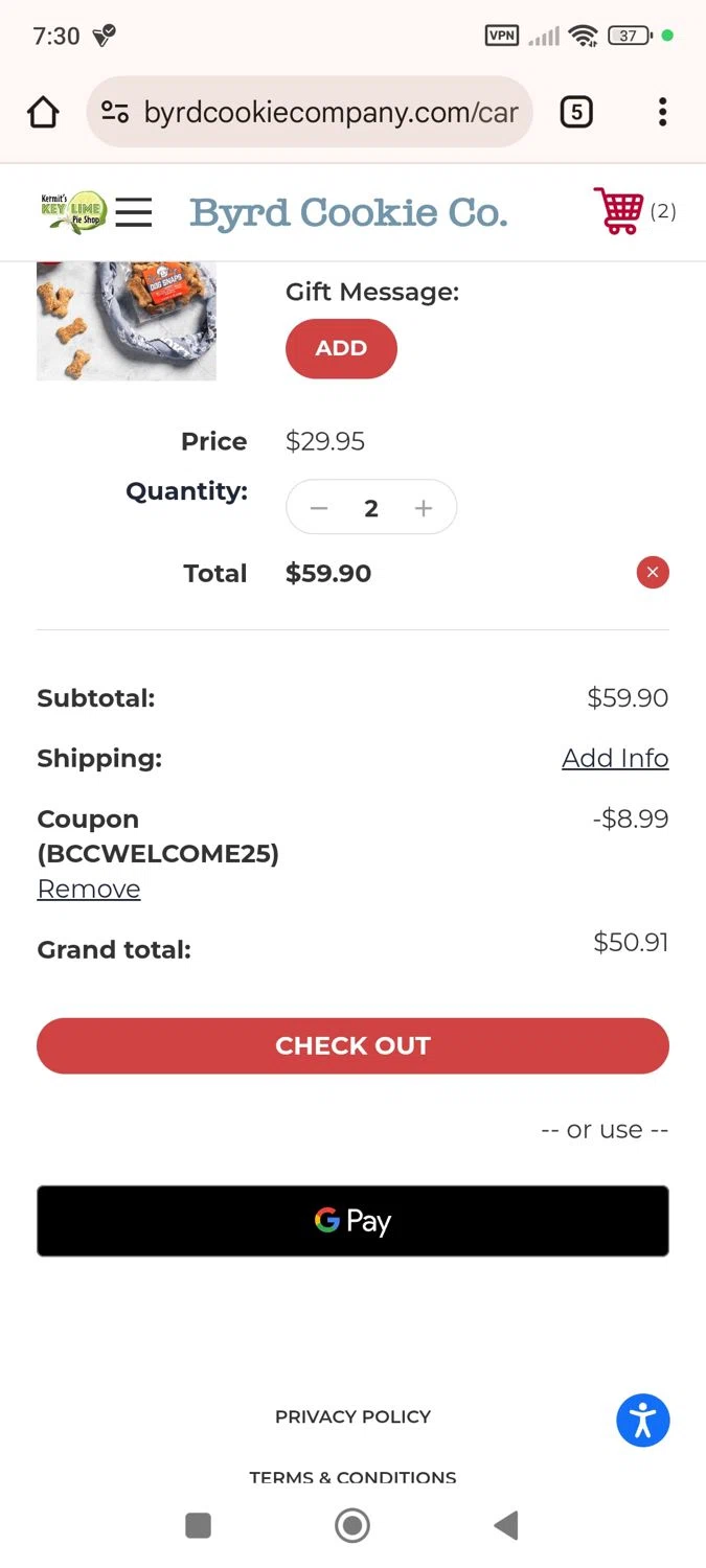 Byrd Cookie Company checkout page showing Byrd Cookie Company promo code box | Screenshot taken by SimplyCodes community member on Apr 16, 2025