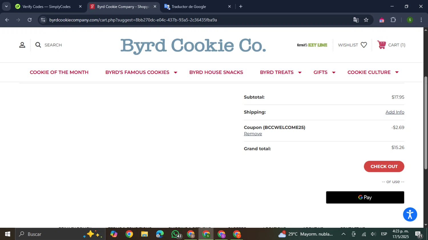 Byrd Cookie Company checkout page showing Byrd Cookie Company promo code box | Screenshot taken by SimplyCodes community member on May 17, 2025