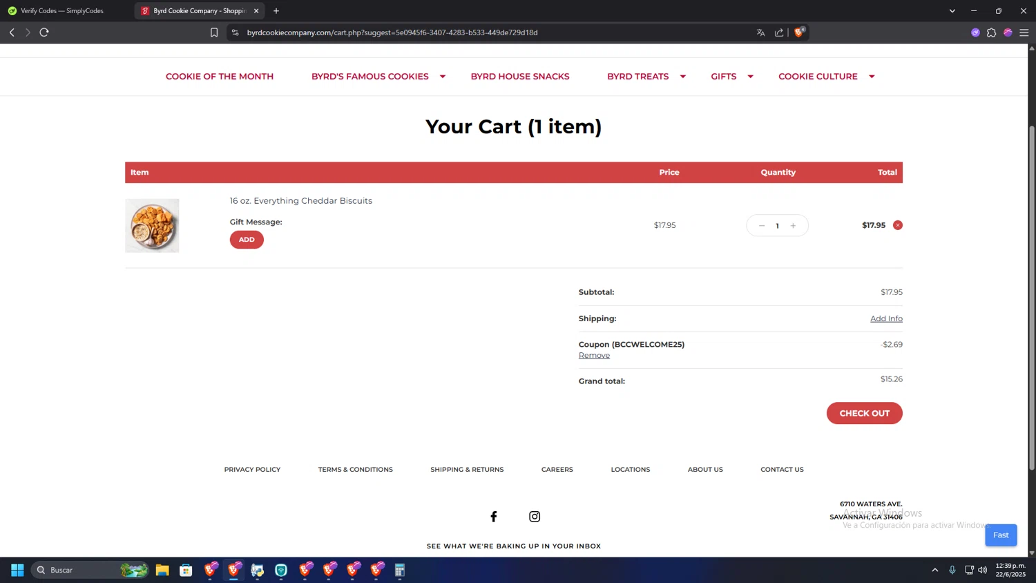 Byrd Cookie Company promo code screenshot showing code Bccwelcome25 applied at Byrd Cookie Company checkout page. Uploaded by SimplyCodes community member HUMANIZER on Jun 22, 2025