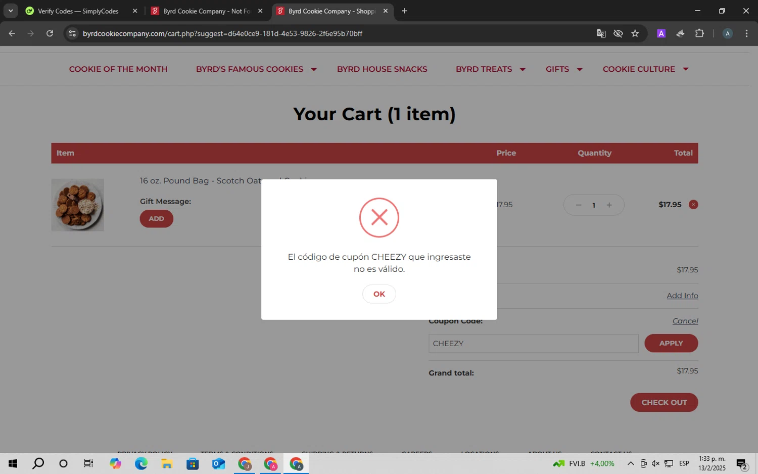 Byrd Cookie Company promo code screenshot showing code CHEEZY applied at Byrd Cookie Company checkout page. Uploaded by SimplyCodes community member ScanSpotter8851 on Feb 13, 2025