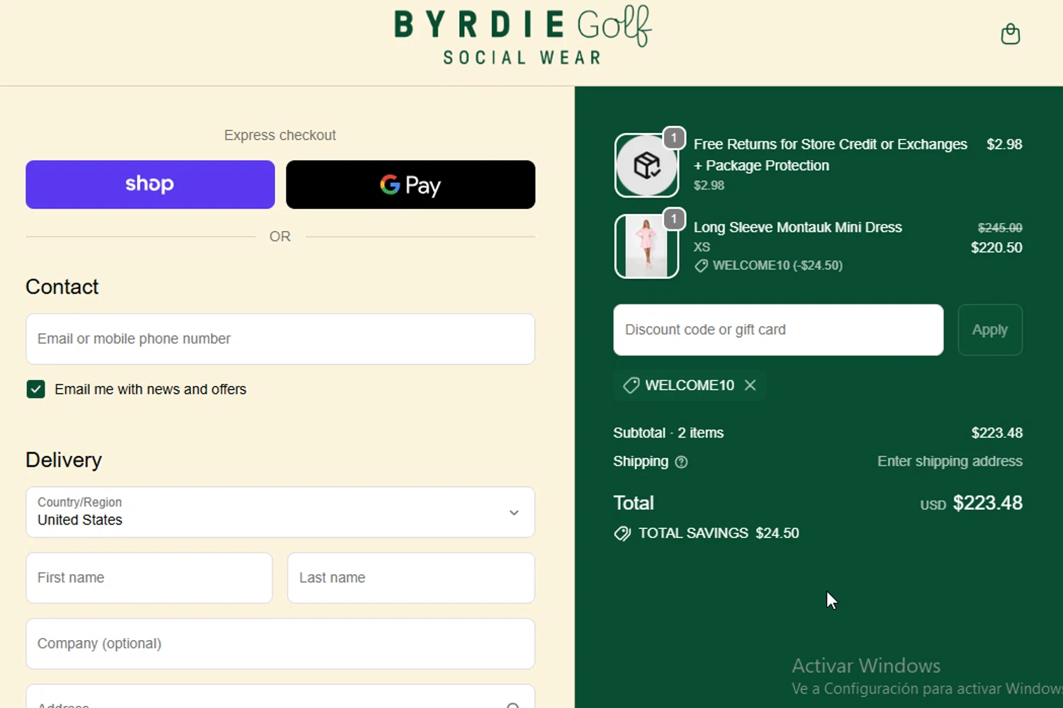 Byrdie Golf Social Wear promo code screenshot showing code WELCOME10 applied at Byrdie Golf Social Wear checkout page. Uploaded by SimplyCodes community member BudgetGuardian5712 on Nov 7, 2025