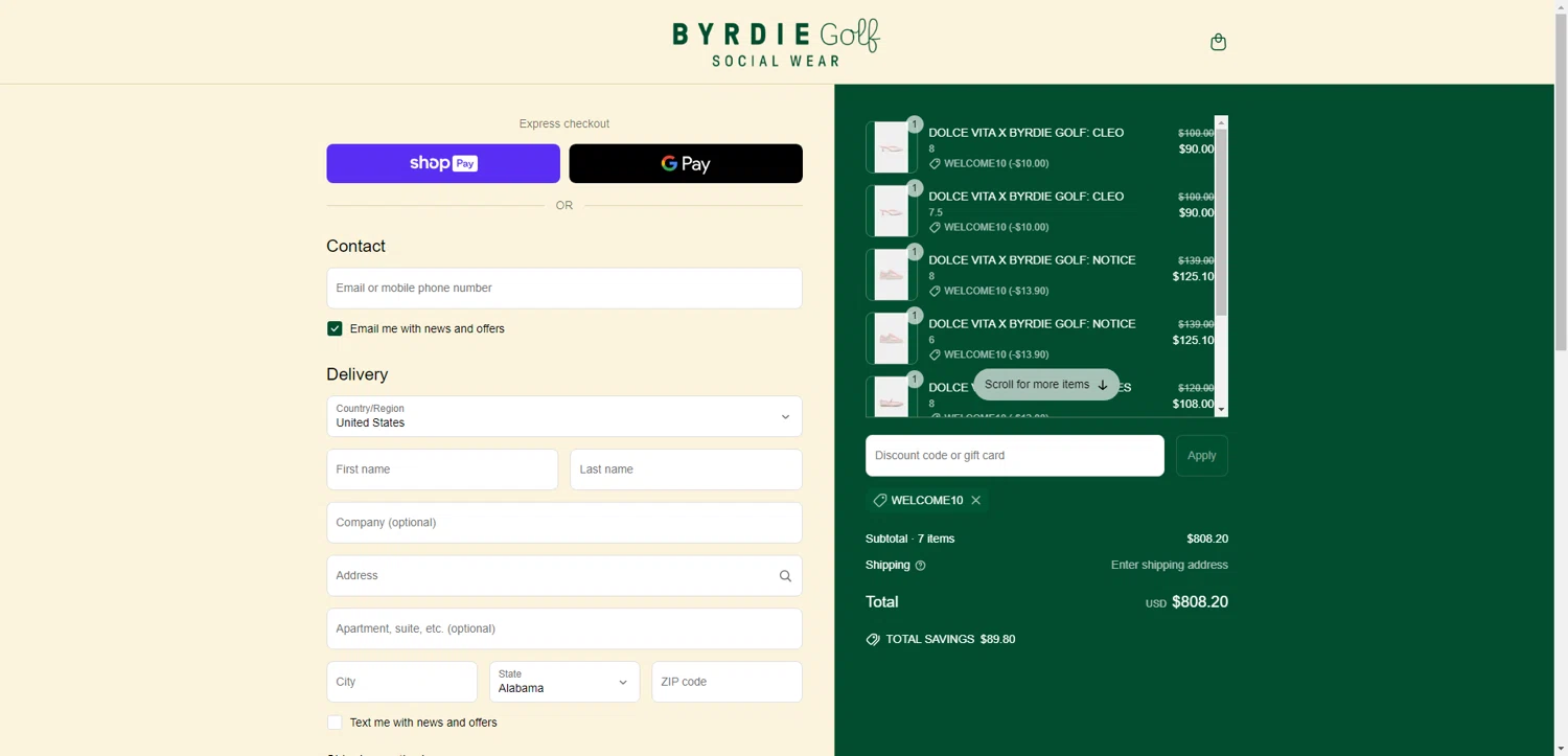Byrdie Golf Social Wear promo code screenshot showing code WELCOME10 applied at Byrdie Golf Social Wear checkout page. Uploaded by SimplyCodes community member CodeAce1208 on Jun 14, 2025