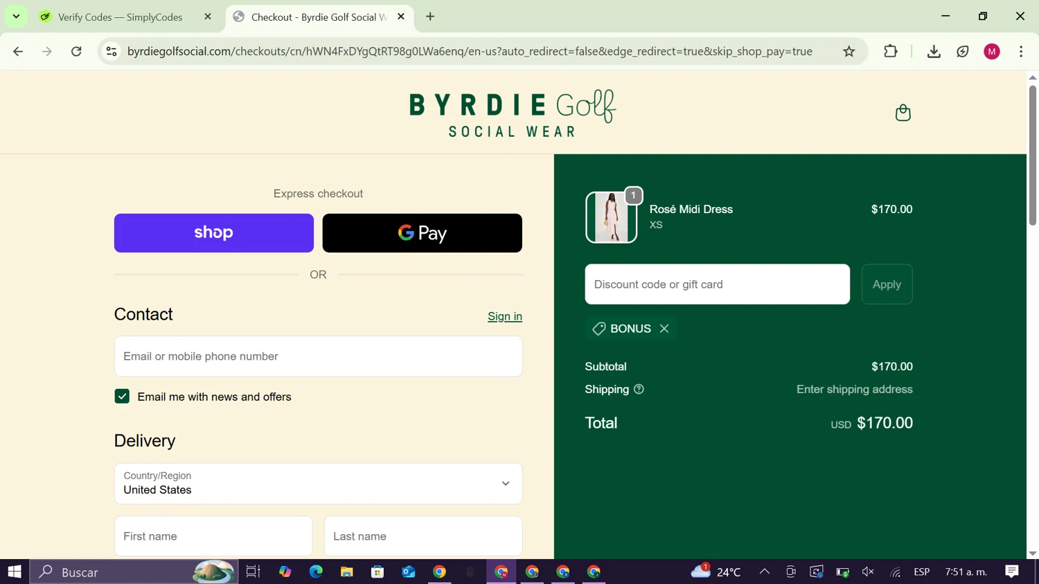 Byrdie Golf Social Wear promo code screenshot showing code BONUS applied at Byrdie Golf Social Wear checkout page. Uploaded by SimplyCodes community member CouponAce9216 on Oct 18, 2025