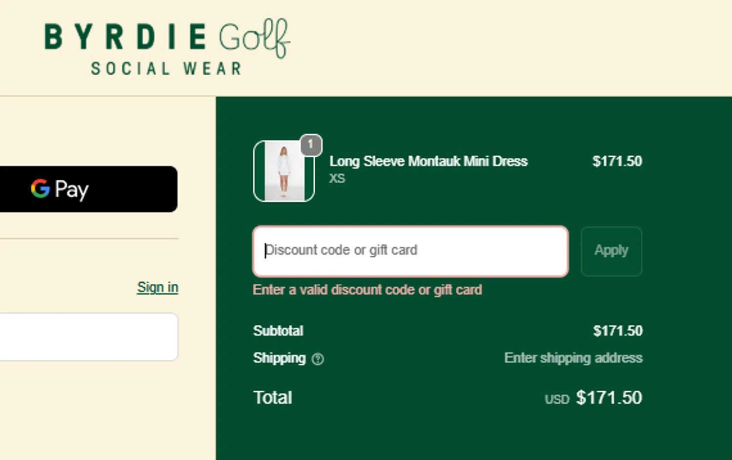Byrdie Golf Social Wear promo code screenshot showing code UNDERPAR15 applied at Byrdie Golf Social Wear checkout page. Uploaded by SimplyCodes community member tumdre on Oct 17, 2025