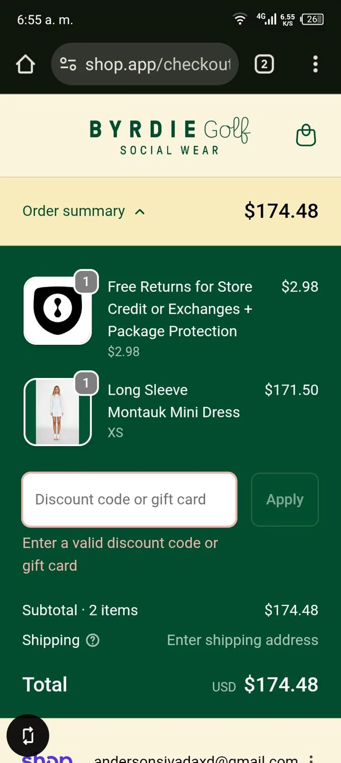 Byrdie Golf Social Wear promo code screenshot showing code FIRST25 applied at Byrdie Golf Social Wear checkout page. Uploaded by SimplyCodes community member Xx_Cogeburras3000_xX on Oct 17, 2025