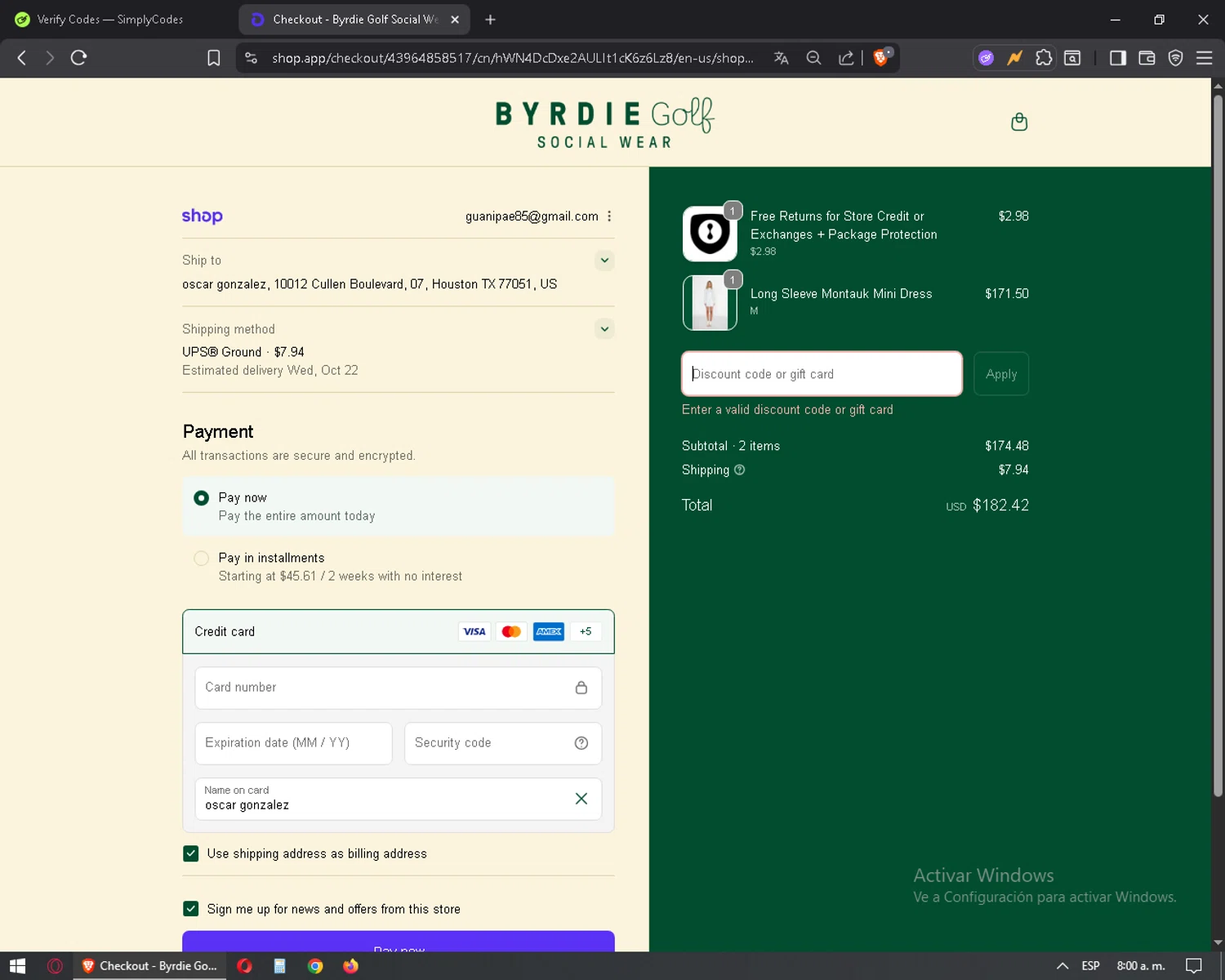 Byrdie Golf Social Wear promo code screenshot showing code FIRST25 applied at Byrdie Golf Social Wear checkout page. Uploaded by SimplyCodes community member mixelis on Oct 17, 2025