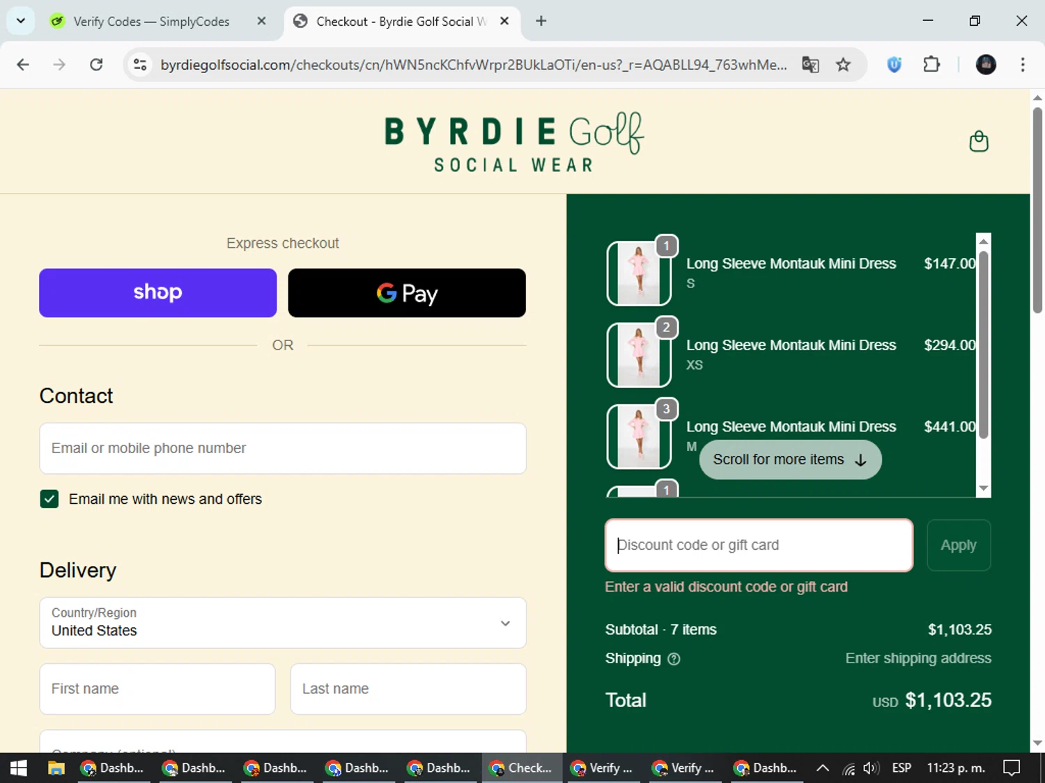 Byrdie Golf Social Wear promo code screenshot showing code EARLYBYRDIE40 applied at Byrdie Golf Social Wear checkout page. Uploaded by SimplyCodes community member ValueElite5945 on Nov 28, 2025