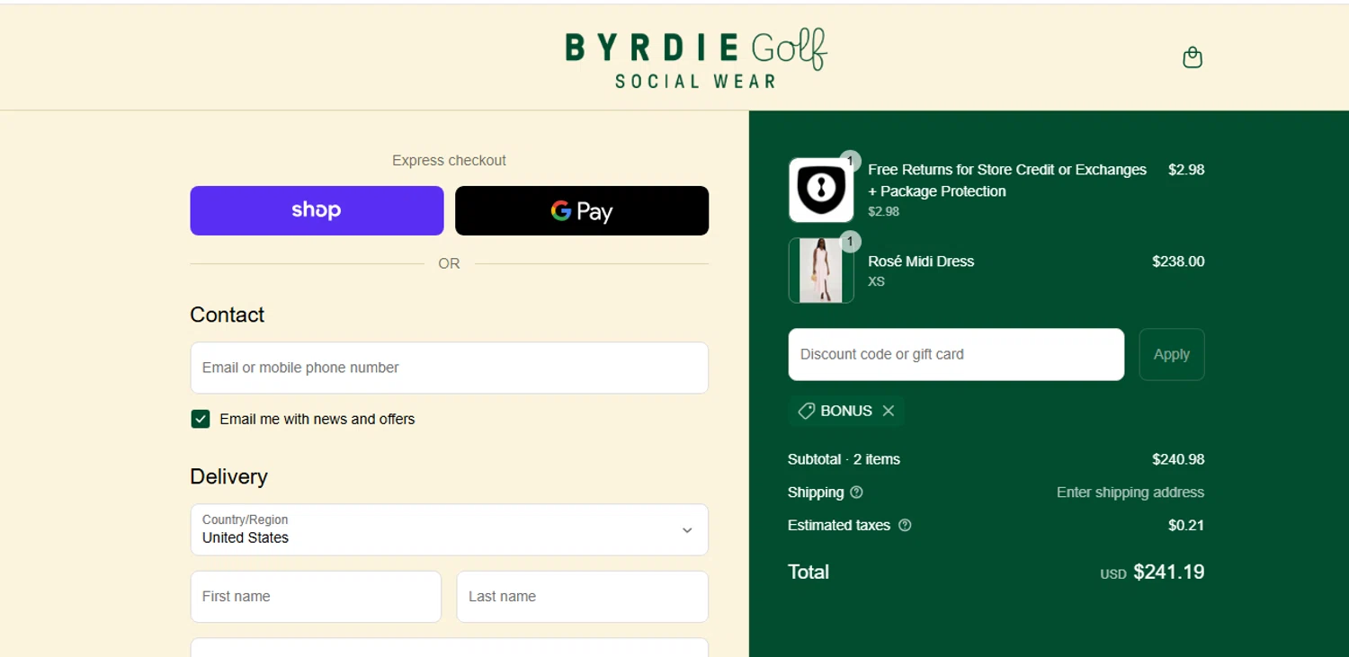 Byrdie Golf Social Wear promo code screenshot showing code BONUS applied at Byrdie Golf Social Wear checkout page. Uploaded by SimplyCodes community member shark12 on Aug 30, 2025