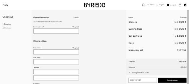 Byredo checkout page showing Byredo promo code box | Screenshot taken by SimplyCodes community member on Nov 28, 2020