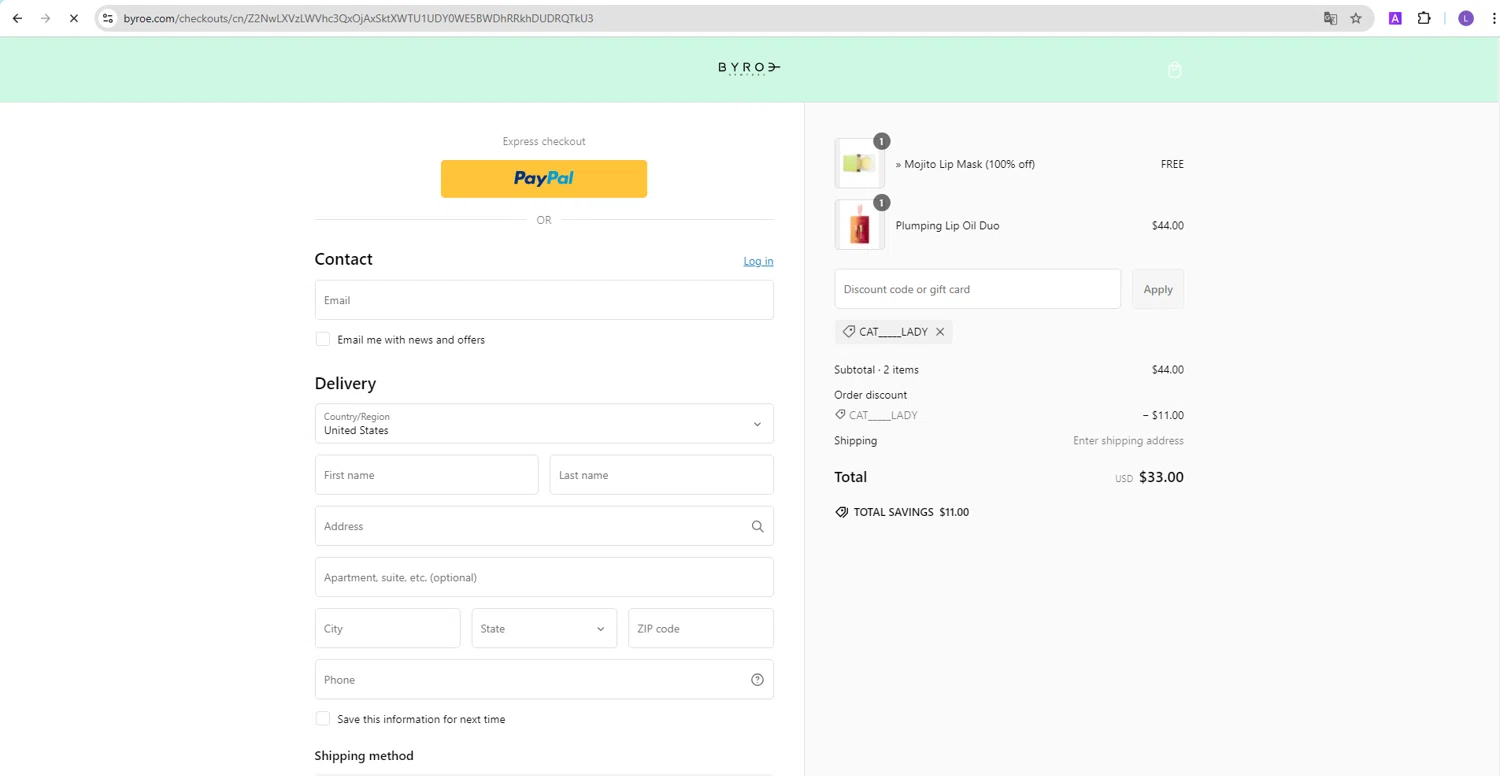 BYROE discount code screenshot showing code CAT_____LADY applied at BYROE checkout page. Uploaded by SimplyCodes community member NobleKnight286 on Feb 12, 2025