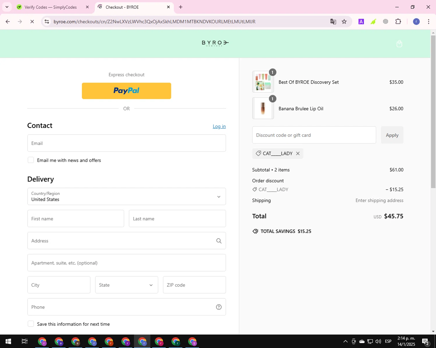 BYROE discount code screenshot showing code CAT_____LADY applied at BYROE checkout page. Uploaded by SimplyCodes community member EpicCurator4666 on Jan 14, 2025