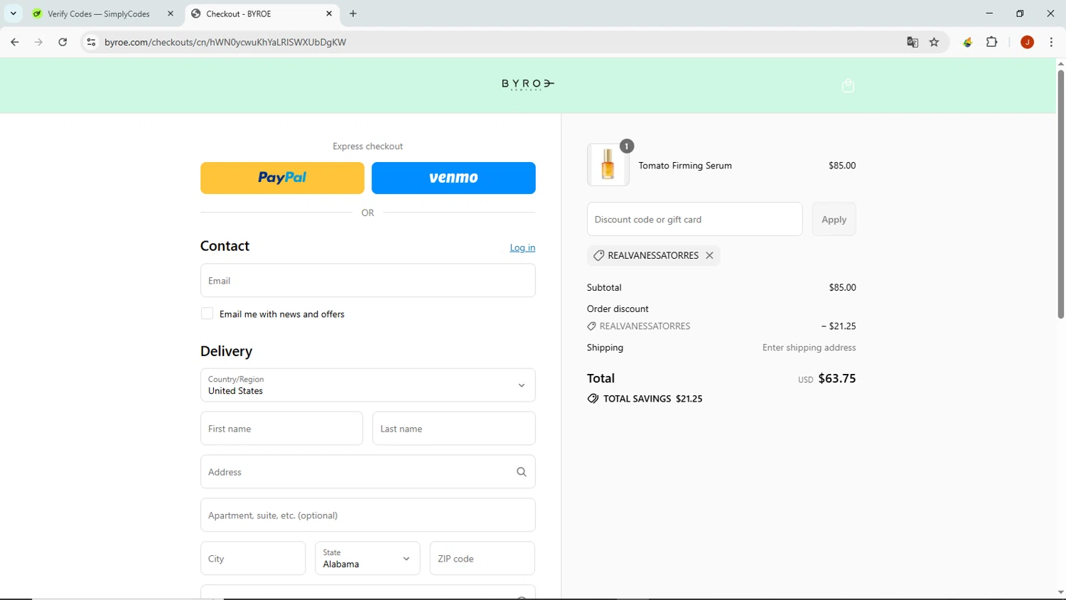 BYROE discount code screenshot showing code REALVANESSATORRES applied at BYROE checkout page. Uploaded by SimplyCodes community member NobleMaven802 on Jul 24, 2025