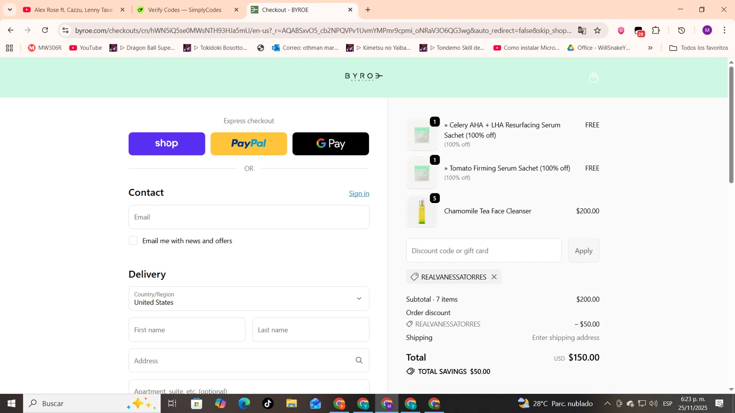 BYROE discount code screenshot showing code REALVANESSATORRES applied at BYROE checkout page. Uploaded by SimplyCodes community member cod_gakpo on Nov 25, 2025