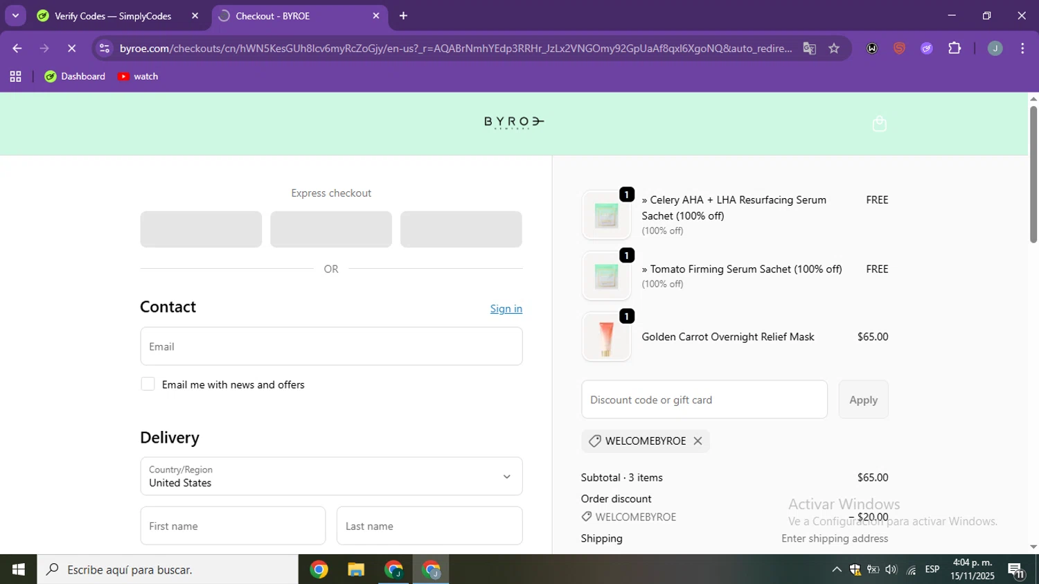 BYROE discount code screenshot showing code welcomebyroe applied at BYROE checkout page. Uploaded by SimplyCodes community member ShieldSpotter3995 on Nov 15, 2025