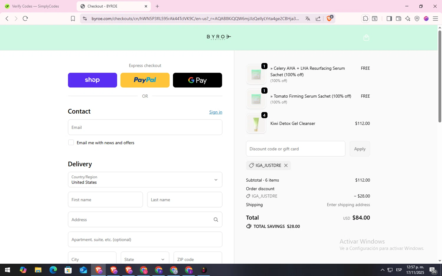 BYROE discount code screenshot showing code IGA_JUSTDRE applied at BYROE checkout page. Uploaded by SimplyCodes community member CodeLynx5272 on Nov 17, 2025
