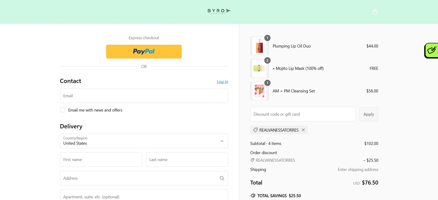 BYROE discount code screenshot showing code REALVANESSATORRES applied at BYROE checkout page. Uploaded by SimplyCodes community member HoneyJean on Feb 10, 2025