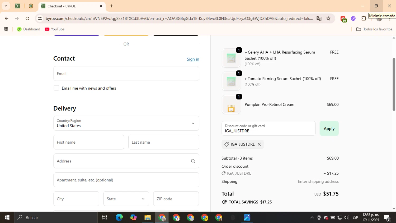 BYROE discount code screenshot showing code IGA_JUSTDRE applied at BYROE checkout page. Uploaded by SimplyCodes community member powerSu on Nov 17, 2025