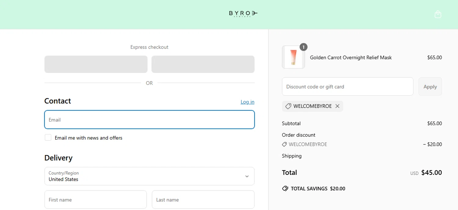 BYROE discount code screenshot showing code welcomebyroe applied at BYROE checkout page. Uploaded by SimplyCodes community member shark12 on Mar 30, 2025