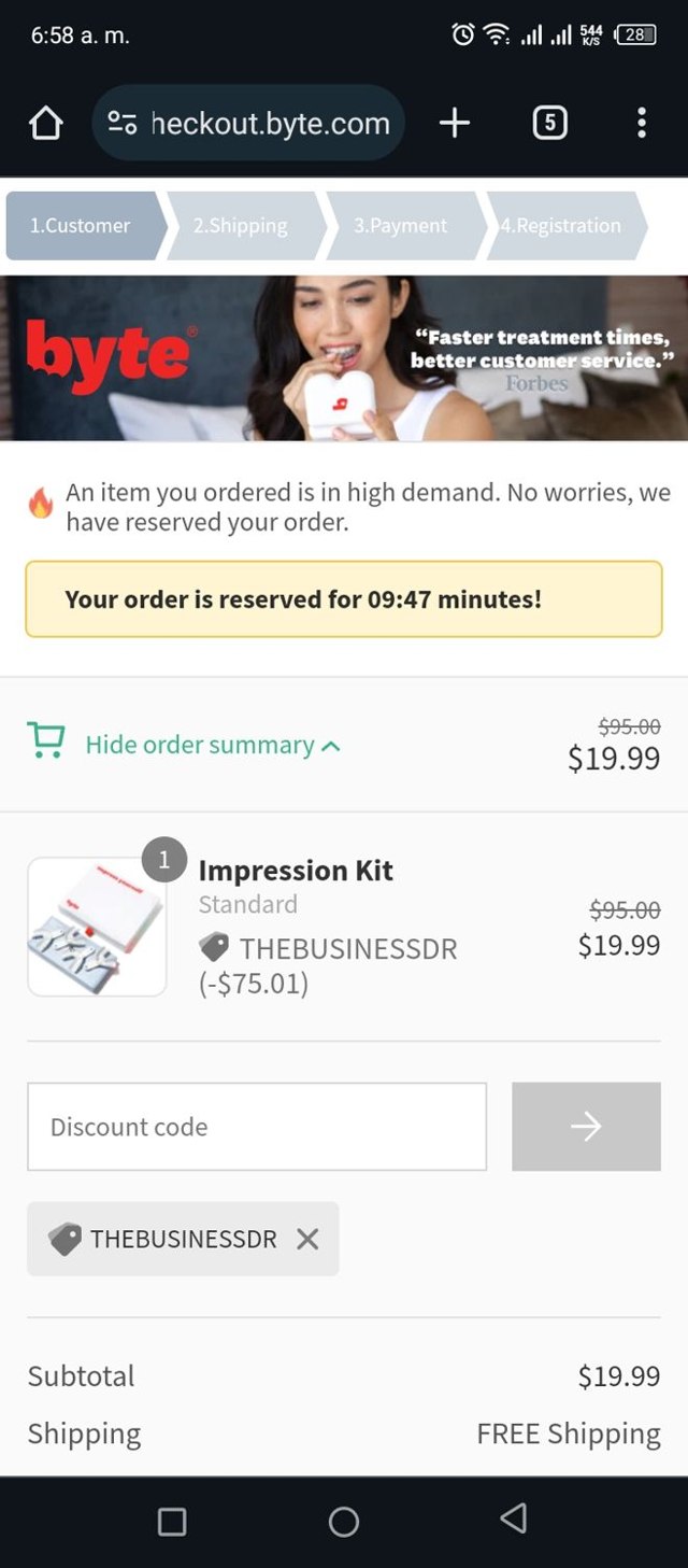 Byte checkout page showing Byte discount code box | Screenshot taken by SimplyCodes community member on Apr 15, 2024