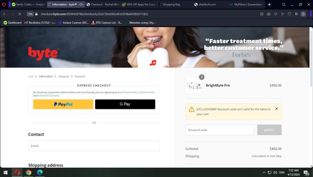 Byte checkout page showing Byte discount code box | Screenshot taken by SimplyCodes community member on Apr 13, 2024