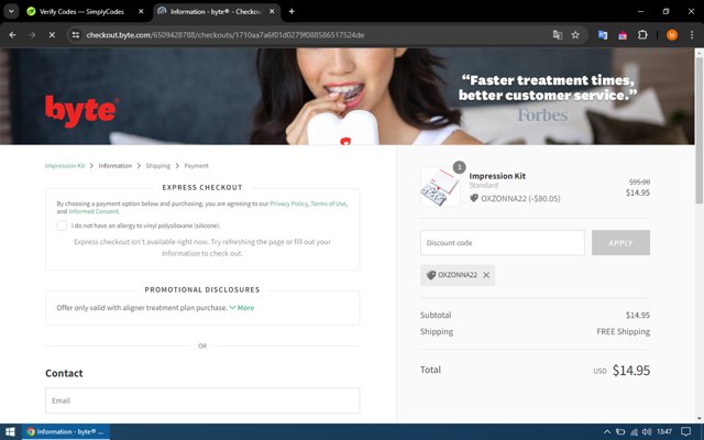 Byte checkout page showing Byte discount code box | Screenshot taken by SimplyCodes community member on Apr 17, 2024