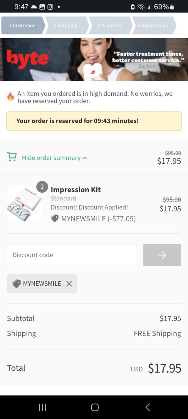 Byte checkout page showing Byte discount code box | Screenshot taken by SimplyCodes community member on May 13, 2024