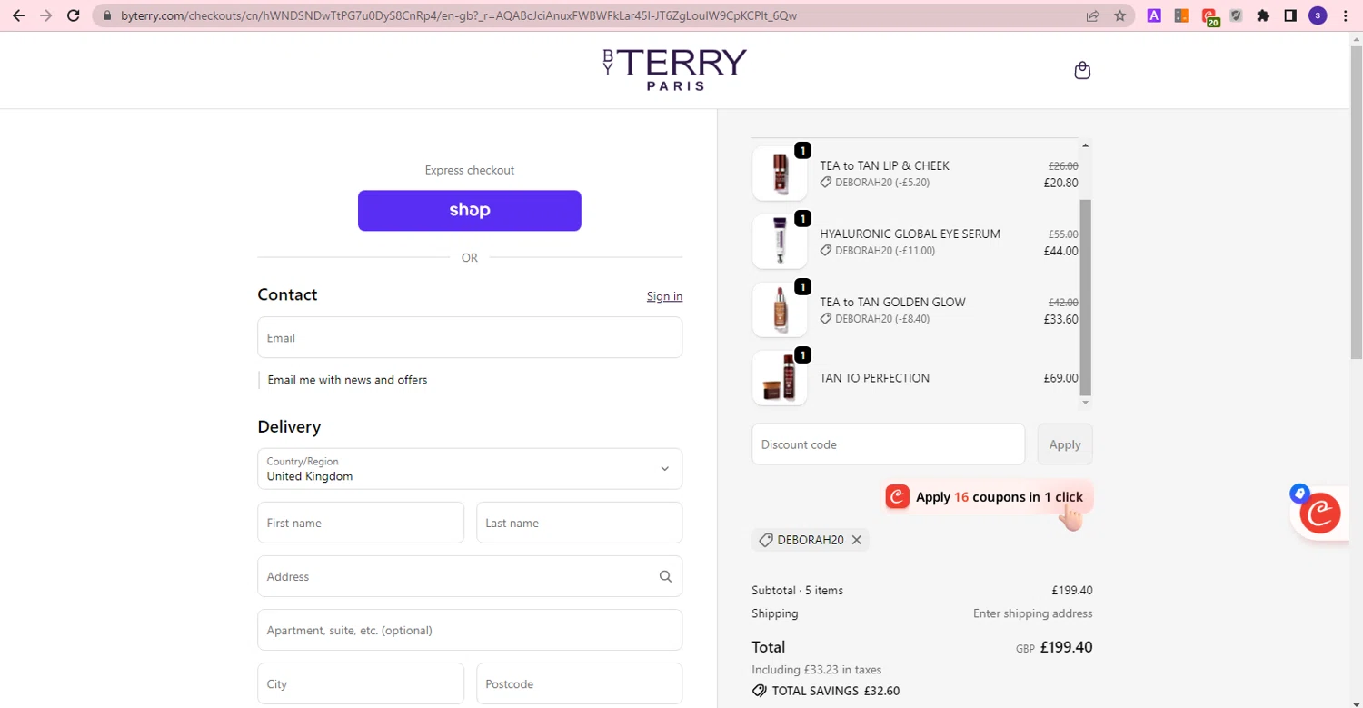 By Terry promo code screenshot showing code DEBORAH20 applied at By Terry checkout page. Uploaded by SimplyCodes community member PrincessCoupon on Jun 17, 2026