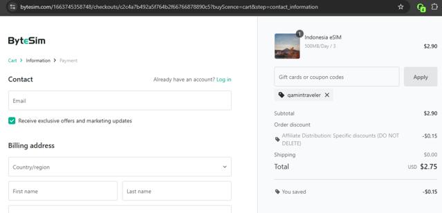 ByteSIM checkout page showing ByteSIM discount code box | Screenshot taken by SimplyCodes community member on Aug 29, 2025