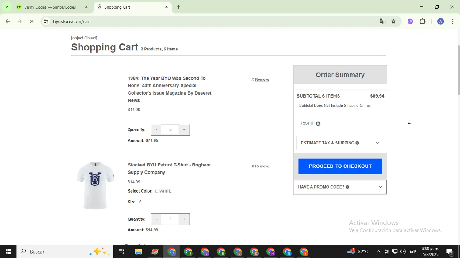 BYU Store promo code screenshot showing code 75SHIP applied at BYU Store checkout page. Uploaded by SimplyCodes community member TreasureCaptain5531 on Aug 5, 2025