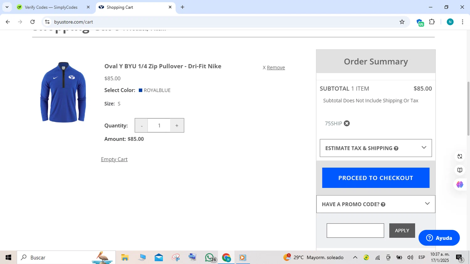 BYU Store promo code screenshot showing code 75SHIP applied at BYU Store checkout page. Uploaded by SimplyCodes community member FortunateEagle7007 on Jan 17, 2025