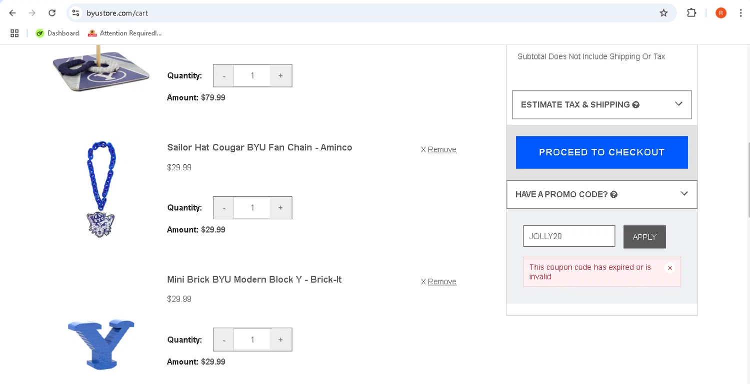 BYU Store promo code screenshot showing code JOLLY20 applied at BYU Store checkout page. Uploaded by SimplyCodes community member rodolfocaraballo on Jul 31, 2025