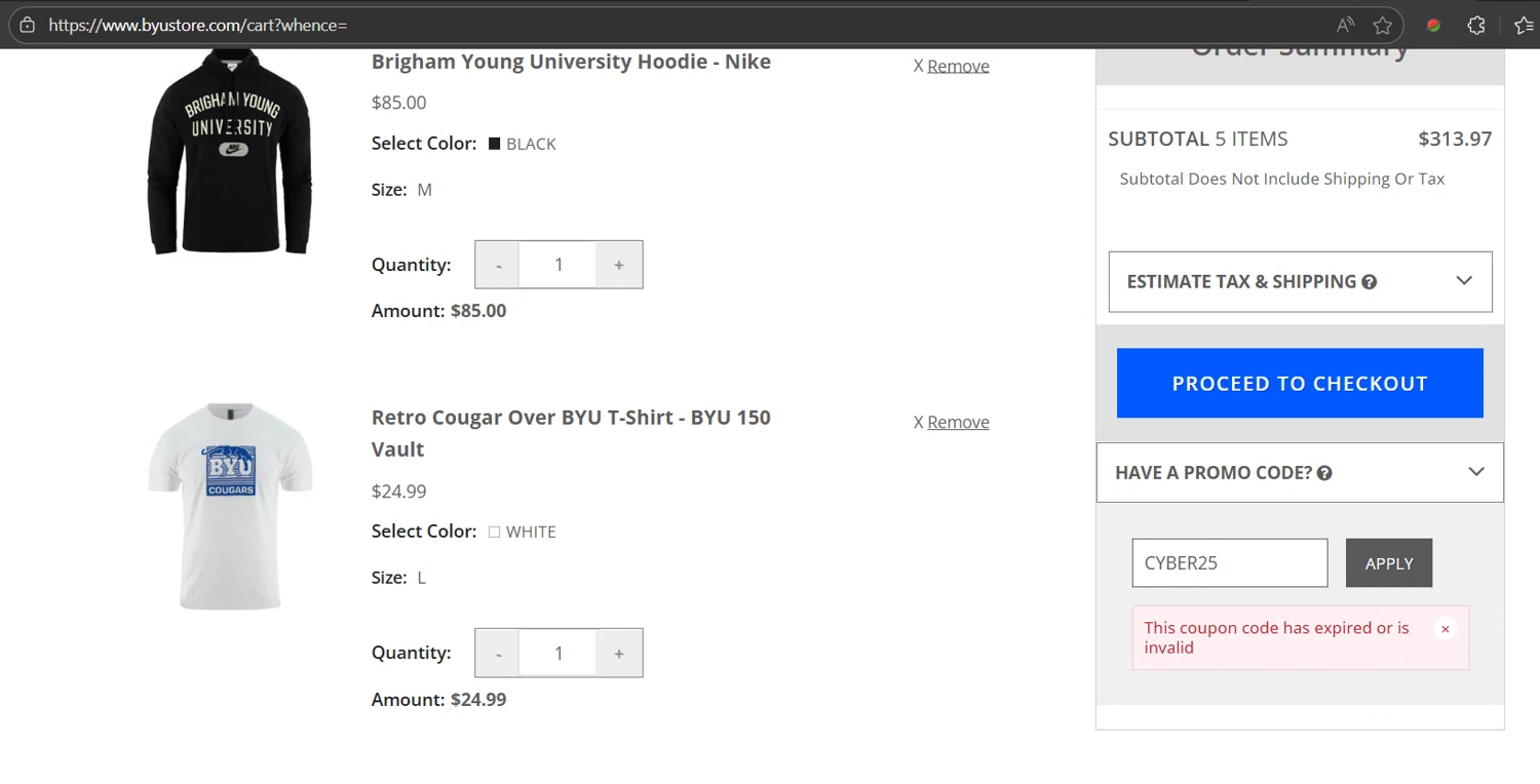 BYU Store promo code screenshot showing code CYBER25 applied at BYU Store checkout page. Uploaded by SimplyCodes community member JasnibelEgu on Dec 4, 2025