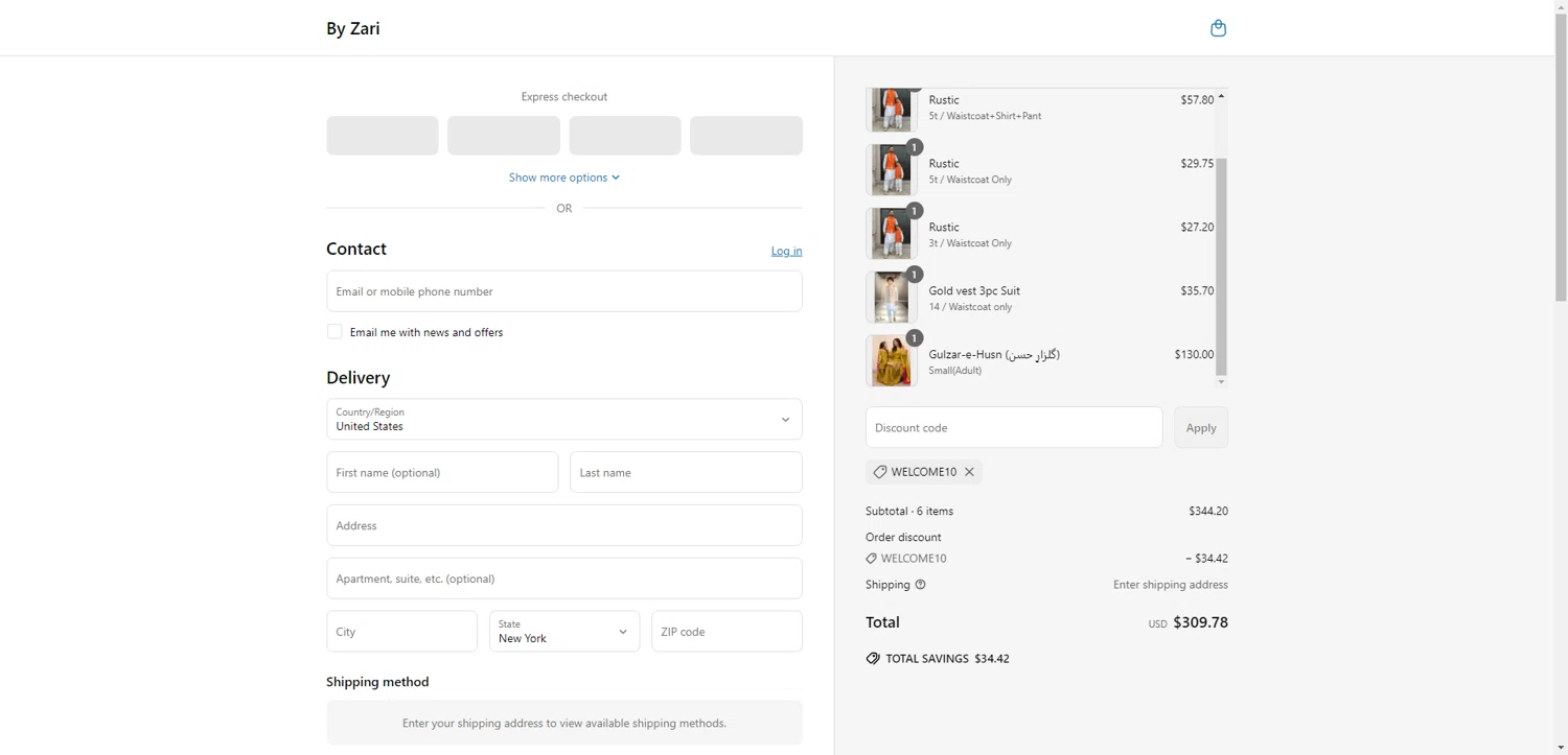 By Zari promo code screenshot showing code WELCOME10 applied at By Zari checkout page. Uploaded by SimplyCodes community member WonderSleuth9696 on May 19, 2025
